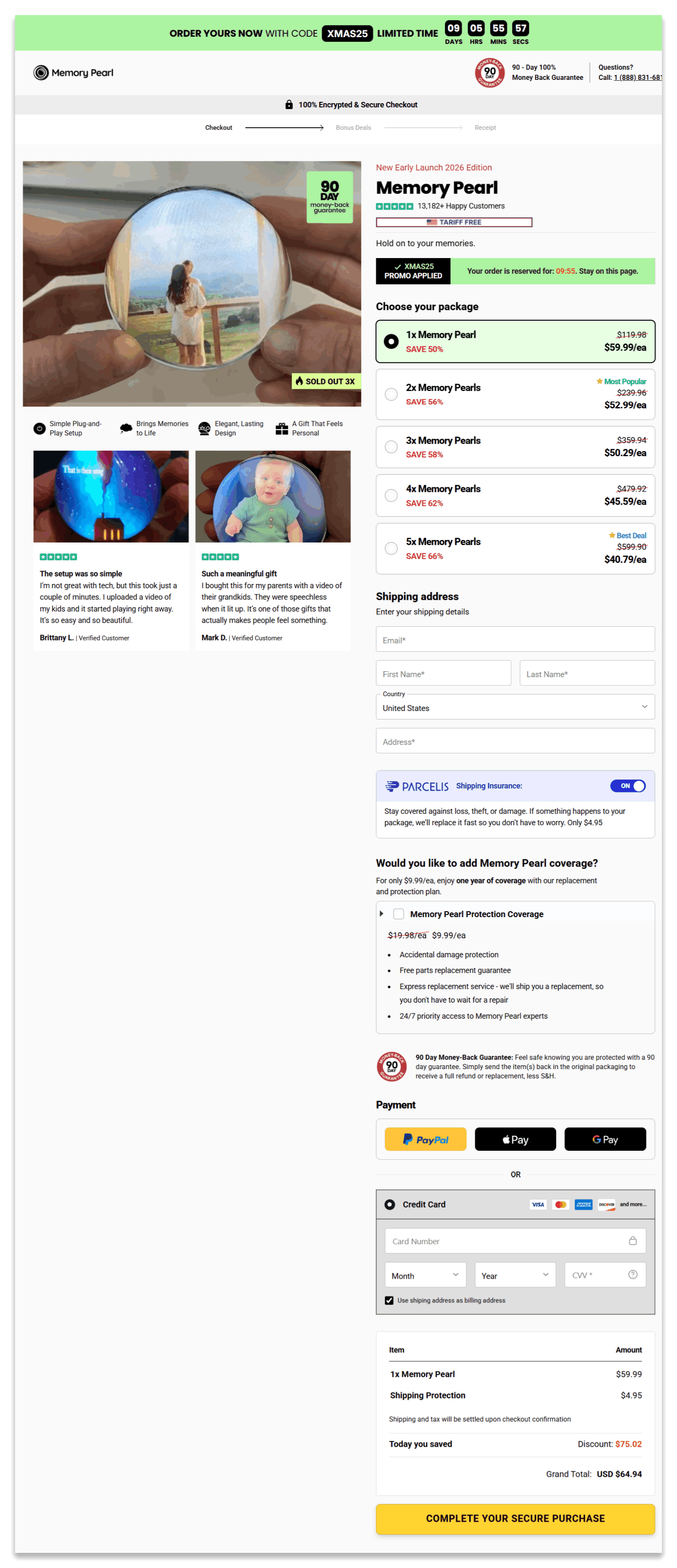 Memory Pearl secure checkout page